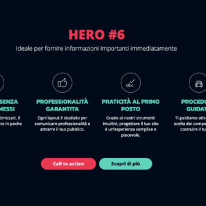 Sezione Hero con icone rappresentative, testi descrittivi su velocità e professionalità e pulsanti di invito all'azione su sfondo scuro.