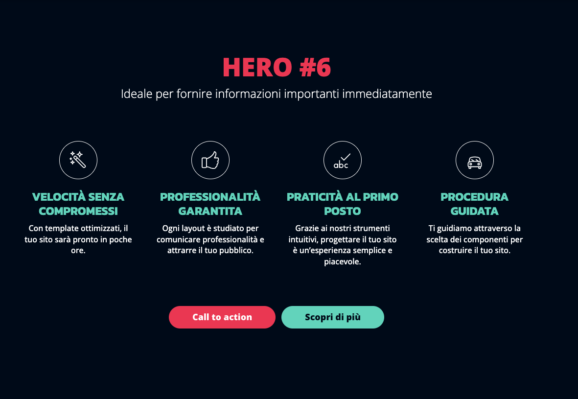 Sezione Hero con icone rappresentative, testi descrittivi su velocità e professionalità e pulsanti di invito all'azione su sfondo scuro.