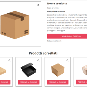 Pagina prodotto di esempio per e-commerce, con immagine principale del prodotto, descrizione dettagliata, prezzo, opzioni di acquisto e sezione "Prodotti Correlati".