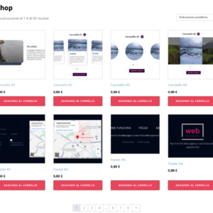 Pagina "Shop" per e-commerce, con layout a griglia di prodotti, immagini, titoli, prezzi, bottoni "Aggiungi al carrello" e paginazione.