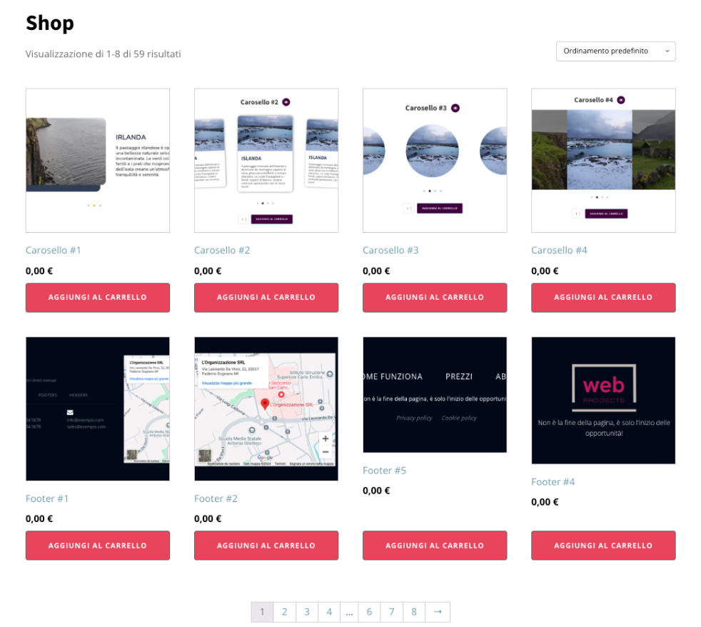 Pagina "Shop" per e-commerce, con layout a griglia di prodotti, immagini, titoli, prezzi, bottoni "Aggiungi al carrello" e paginazione.